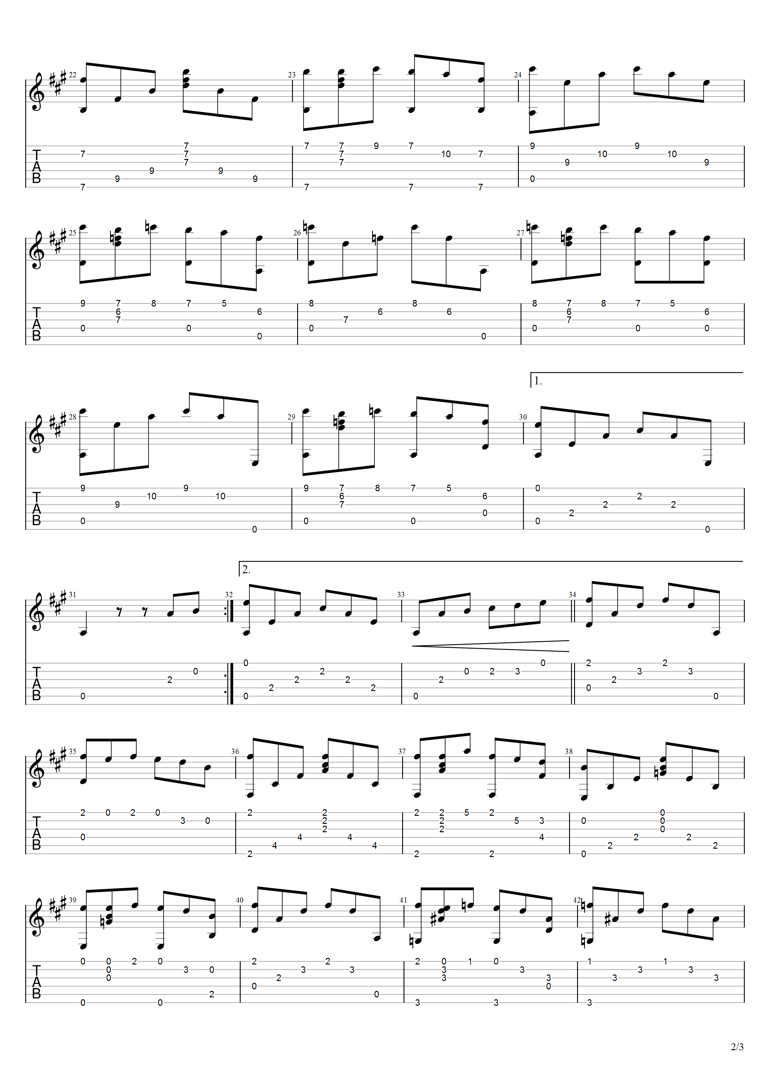 塞内维尔《梦中的鸟》吉他谱A调吉他指弹独奏谱_考级四级