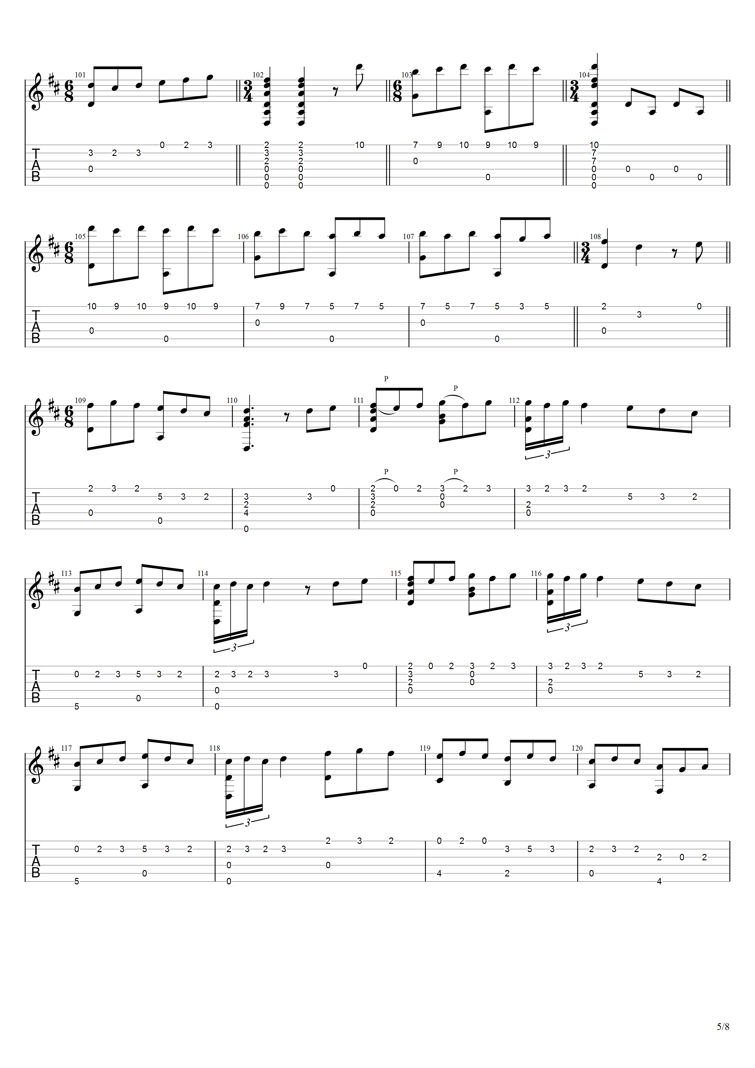 叶佩斯《卡那里欧斯舞曲》吉他谱D调吉他指弹独奏谱_考级八级