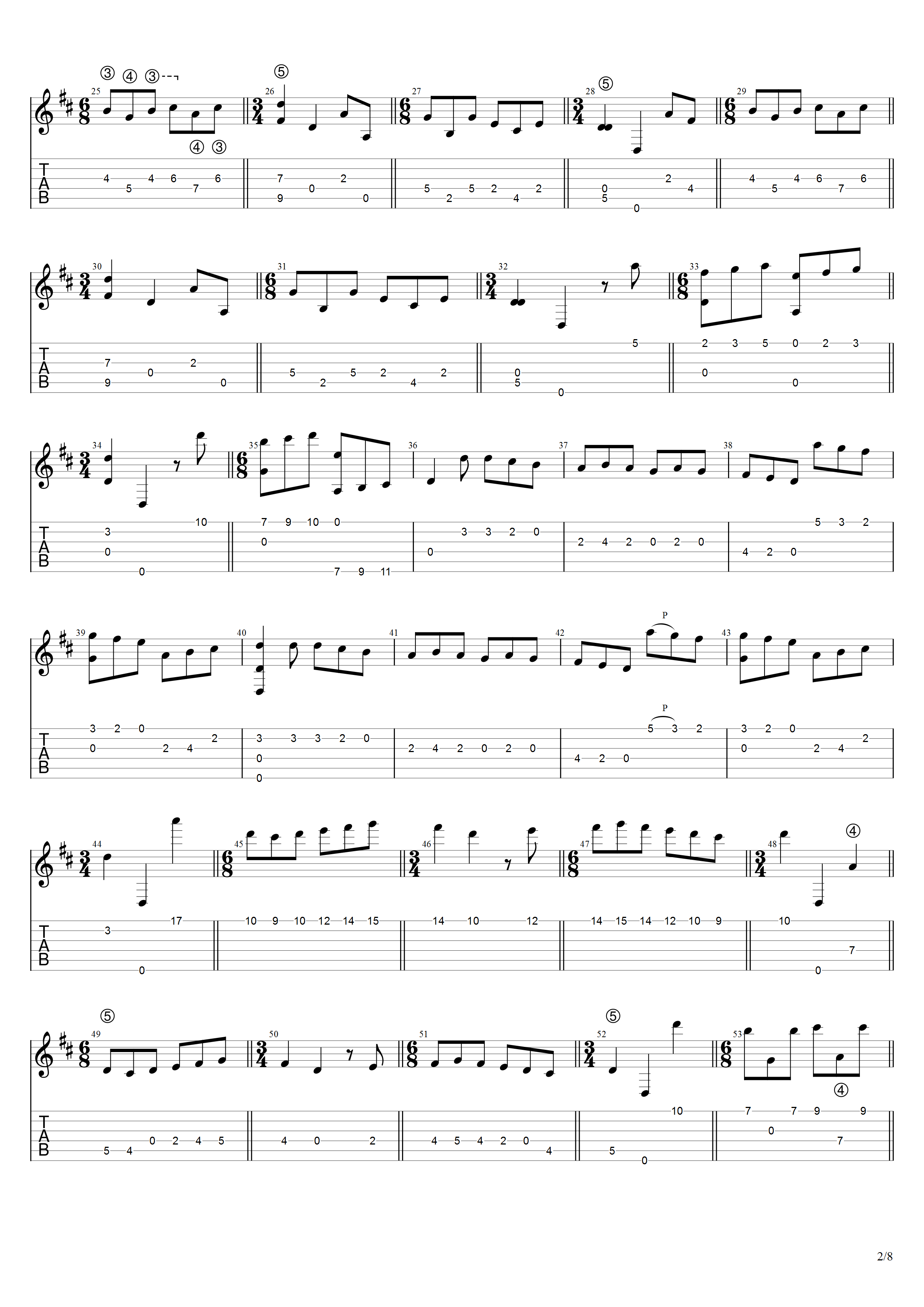 叶佩斯《卡那里欧斯舞曲》吉他谱D调吉他指弹独奏谱_考级八级