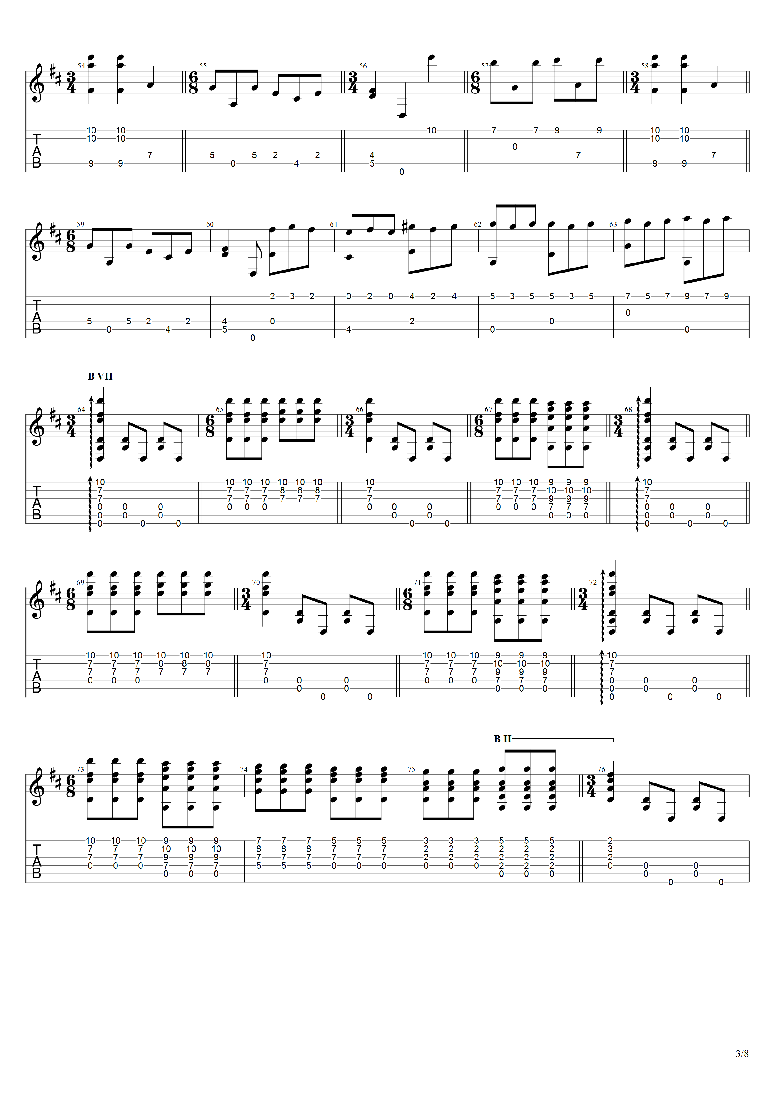 叶佩斯《卡那里欧斯舞曲》吉他谱D调吉他指弹独奏谱_考级八级