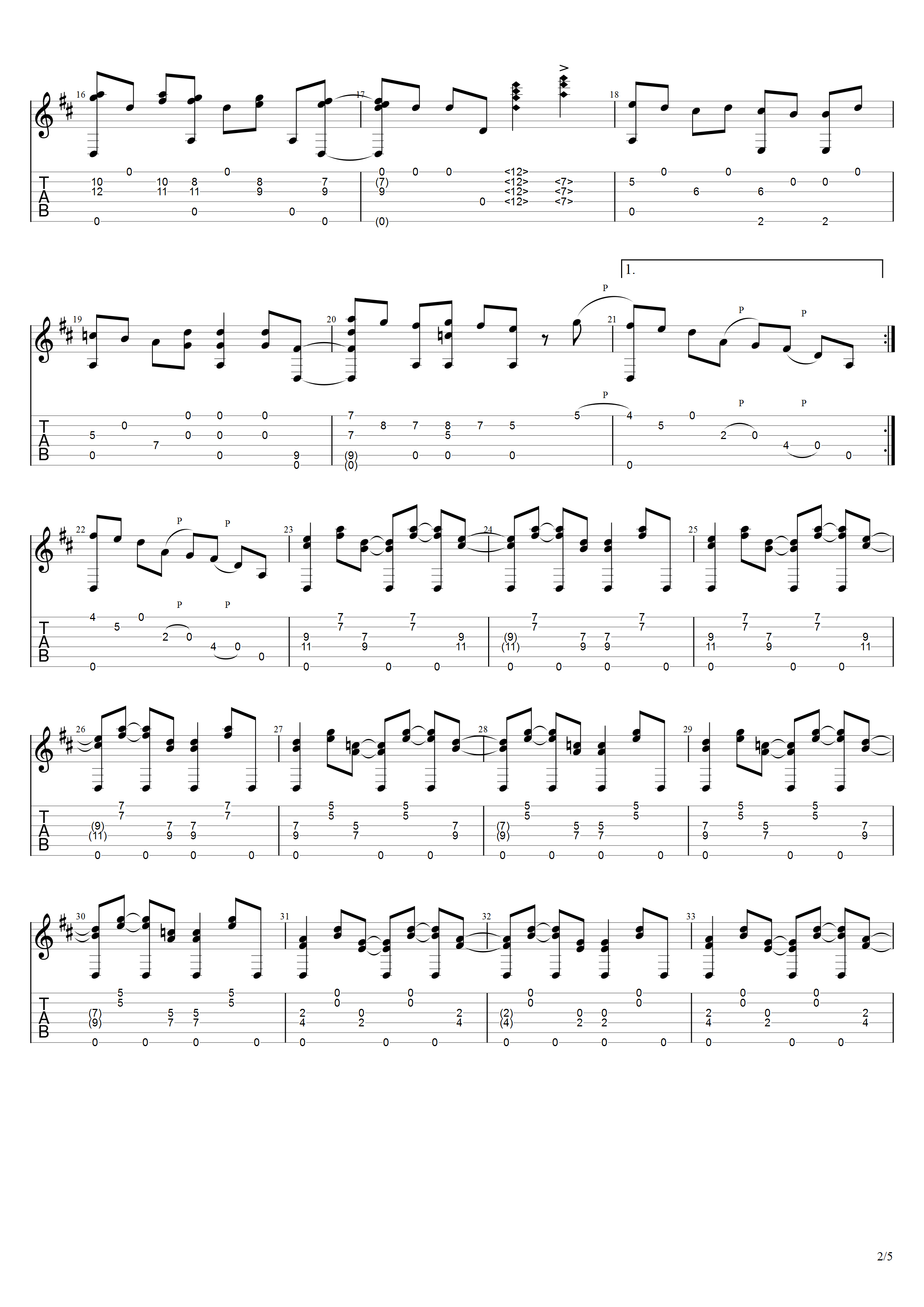 Andrew Jork《阳光》吉他谱D调吉他指弹独奏谱_考级七级